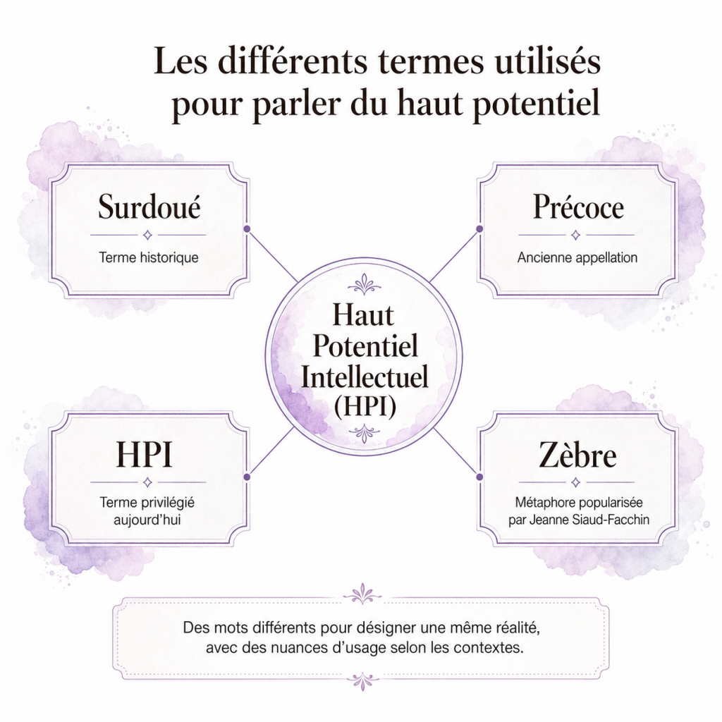 Infographie présentant les différentes appellations utilisées pour parler du haut potentiel intellectuel : HPI, surdoué, précoce et zèbre