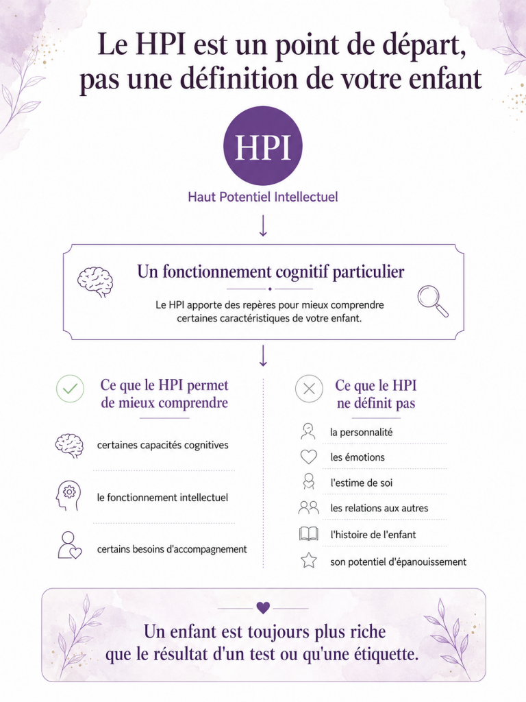 Infographie expliquant que le haut potentiel intellectuel (HPI) est un point de départ pour comprendre le fonctionnement d'un enfant, sans résumer sa personnalité ni ses besoins.