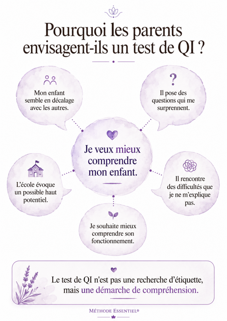 Infographie présentant les principales raisons qui amènent des parents à envisager un test de QI pour leur enfant afin de mieux comprendre son fonctionnement et un éventuel haut potentiel intellectuel.