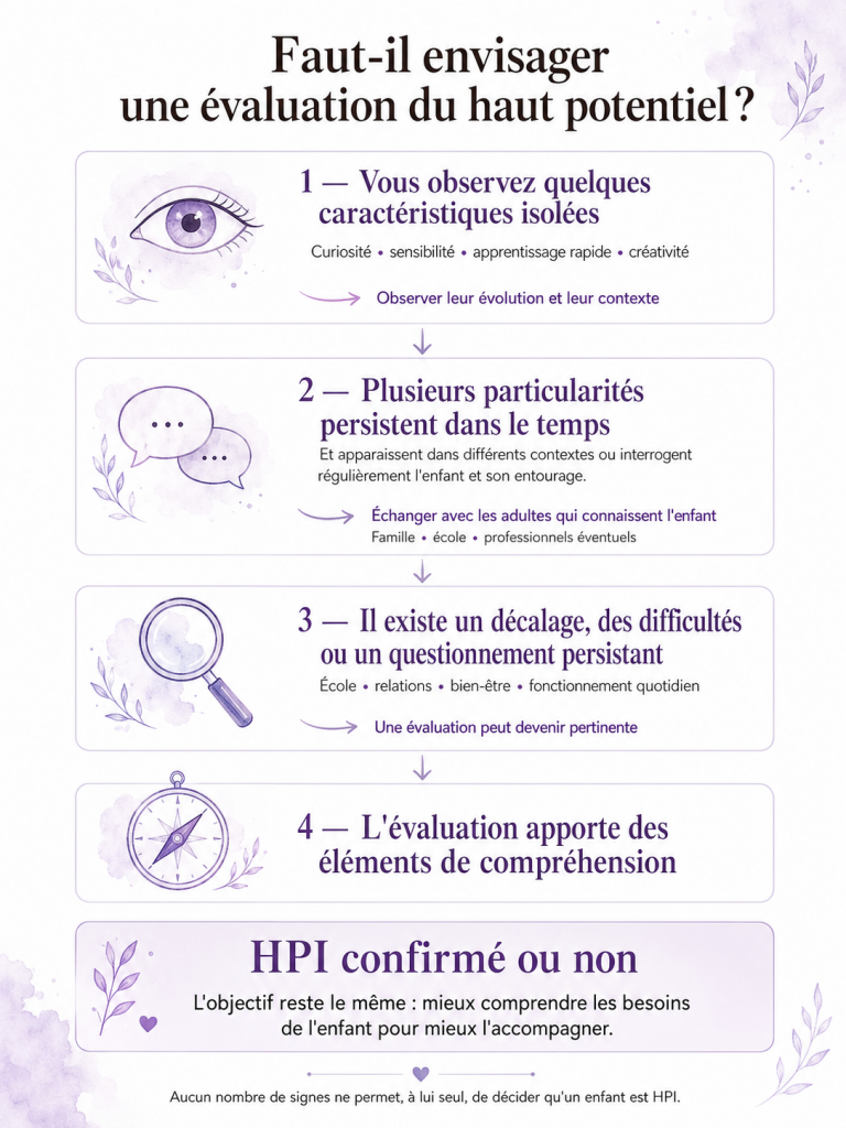 Infographie expliquant quand envisager une évaluation du haut potentiel chez un enfant selon les observations, leur persistance et leur impact au quotidien.