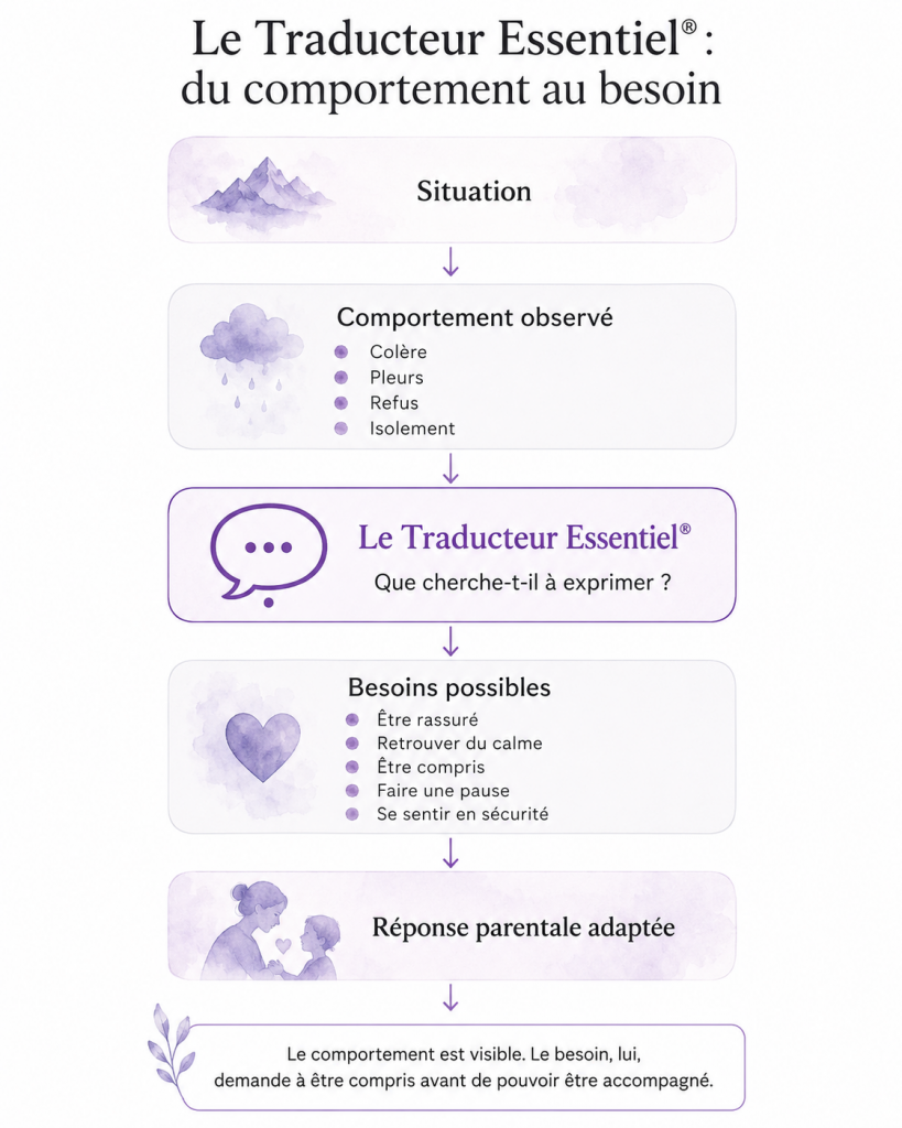 Infographie montrant comment Le Traducteur Essentiel® aide à passer du comportement observable d'un enfant HPI hypersensible au besoin qu'il cherche à exprimer afin d'apporter une réponse éducative adaptée.
