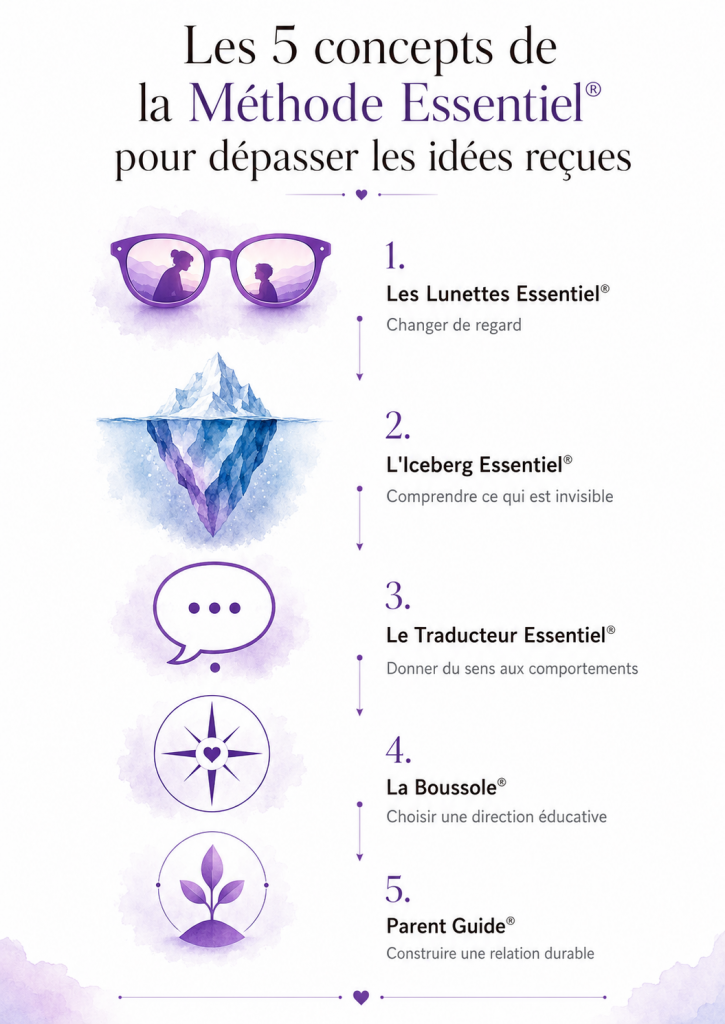 Schéma présentant les cinq concepts de la Méthode Essentiel® pour mieux comprendre et accompagner un enfant HPI.
