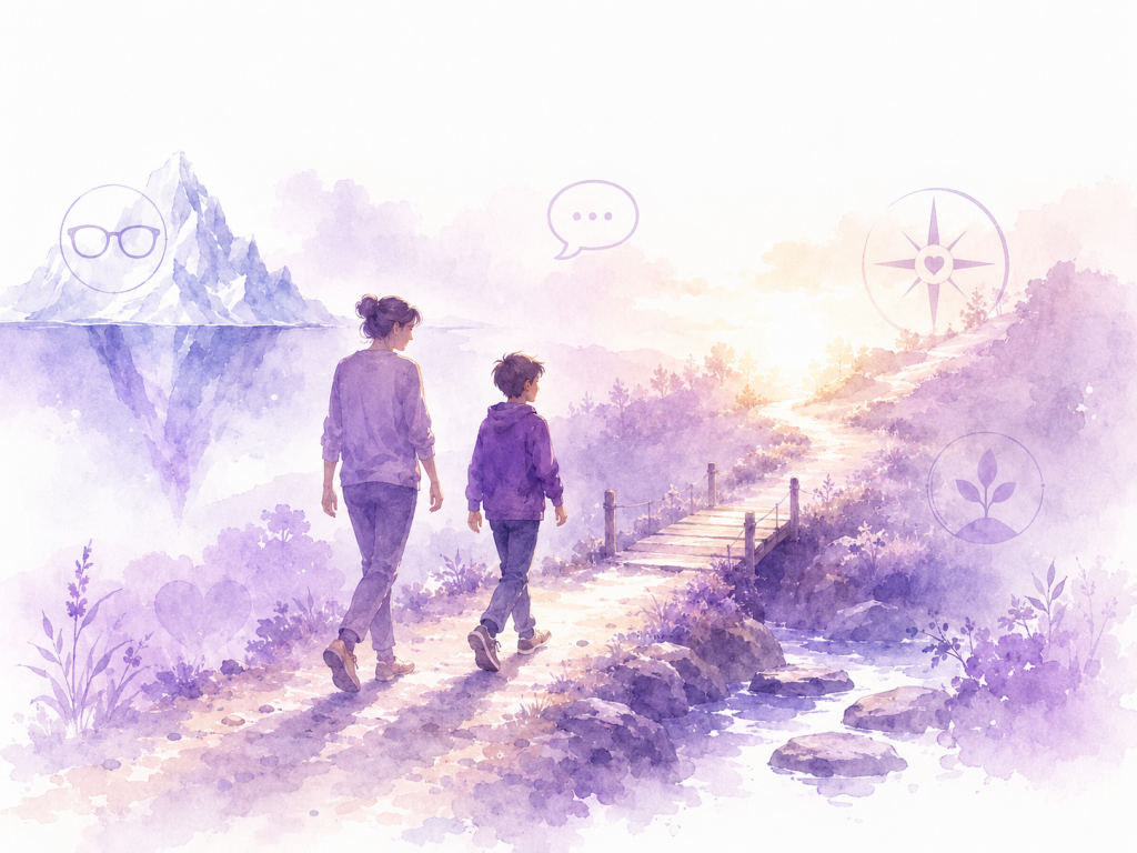 Illustration du Parent Guide® montrant un parent accompagnant son enfant HPI avec confiance, présence et sérénité tout au long de son développement.