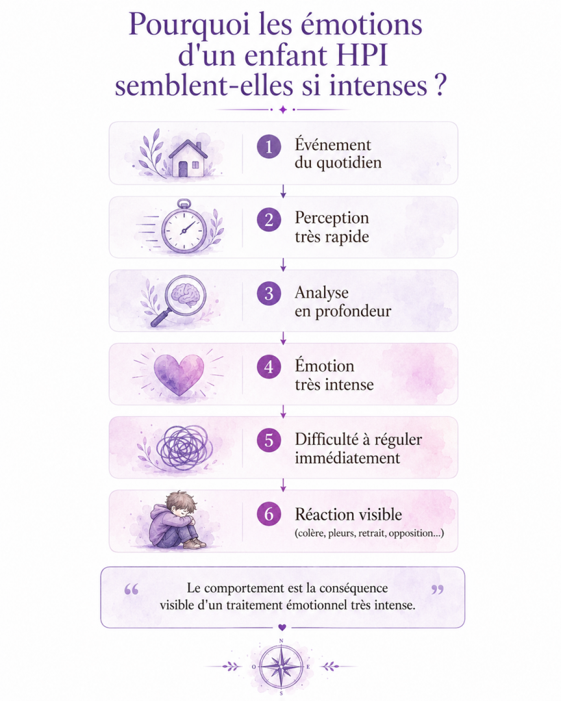 Schéma expliquant pourquoi les émotions d'un enfant HPI sont plus intenses et peuvent provoquer des crises émotionnelles.