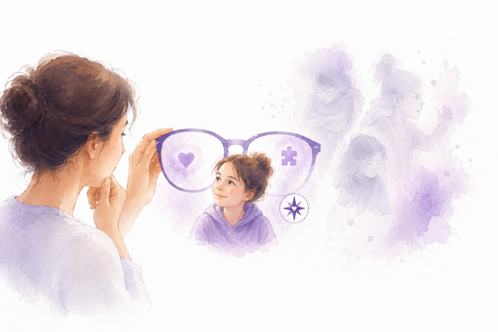 Illustration de la Méthode Essentiel® montrant les Lunettes Essentiel® qui aident à dépasser les clichés sur les enfants HPI pour mieux comprendre leurs comportements et leurs besoins.