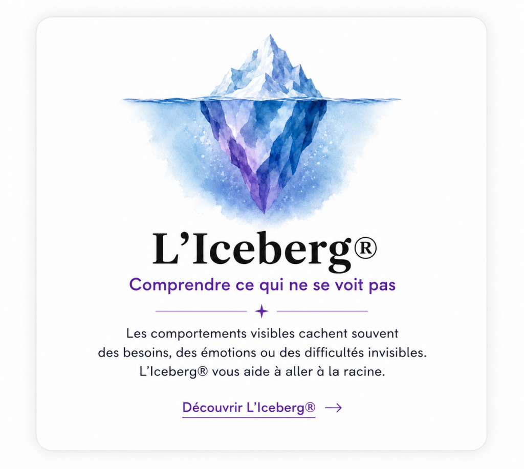 Illustration d'un iceberg représentant les émotions et besoins invisibles de l'enfant HPI – Méthode Essentiel®