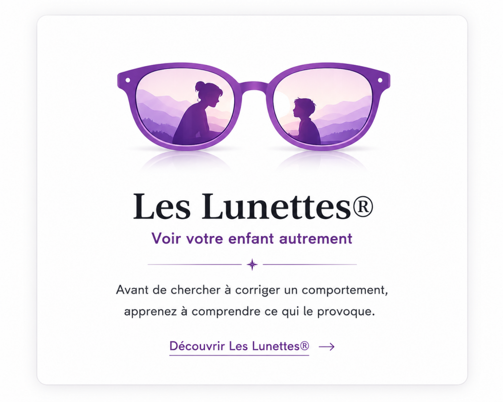 Illustration Les Lunettes® : une mère et son enfant se regardent à travers des lunettes violettes